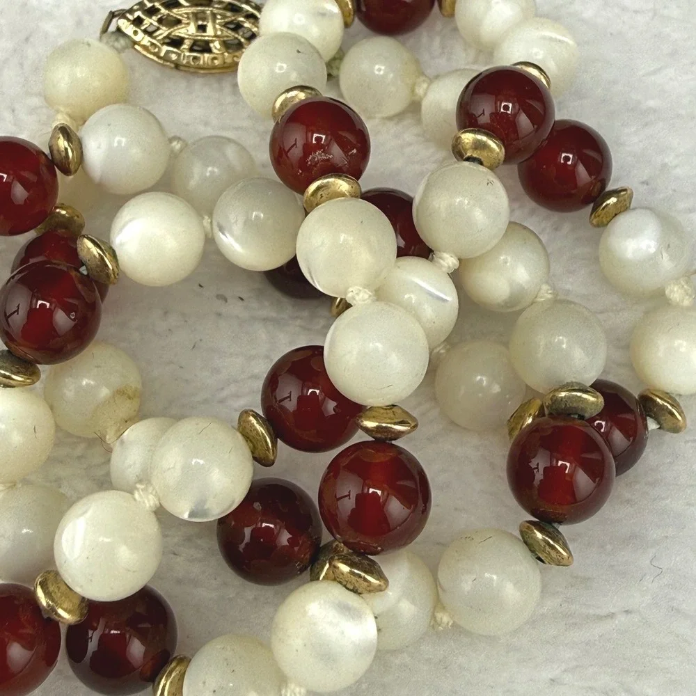 Vintage  Necklace Earring Set Red White Beaded Gold Tone 6mm 17